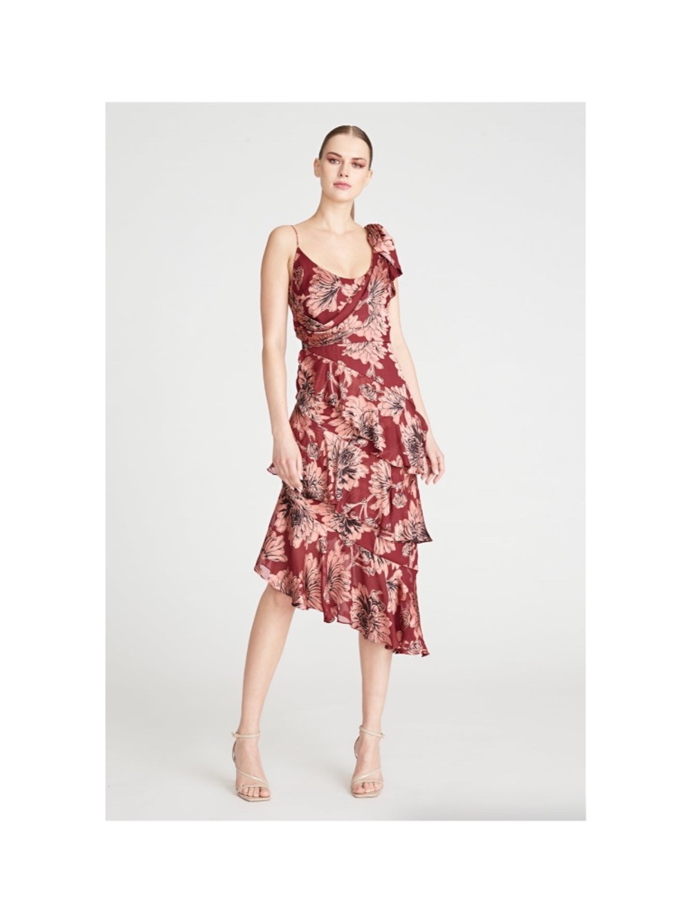 THEIA Greta Cowl Neck Cocktail Midi Dress Fig Floral Women’s Size 8